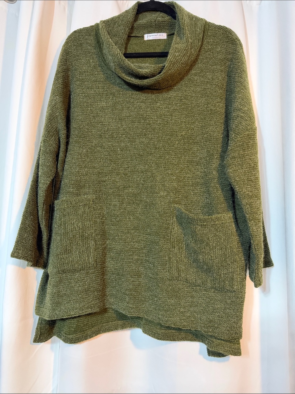 Patrizia Luca Milano Olive Slouchy Knit Cowl Neck Sweater Front Pockets L/XL B12
